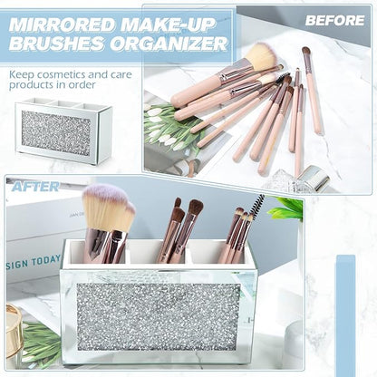 Tanlade 2 Pcs Mirrored Makeup Brush Holder Remote Holder, Mirrored Makeup Organizer with Crushed Diamond Crystals, Vanity Cosmetics Organizer Solution, Pencil Holder Organizer for Desk (3 Compartment)