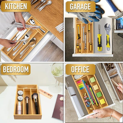 Silverware Organizer - Bamboo Kitchen Drawer Utensil Holder with 4 Slots (Natural)