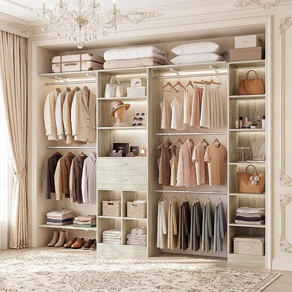 Besiost Closet System - 9.4FT/112" Closet Organizer System with Wooden Drawers,Closet Systems for Walk-In Closets with Hang Rods and Open Cabinet, Greige Oak