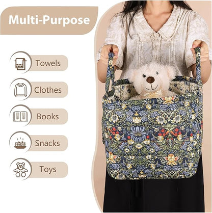 Storage Basket Boho Fabric Large Collapsible Floral Laundry Nursery Hamper Portable Folding Storage for Clothes Toys (Blue)