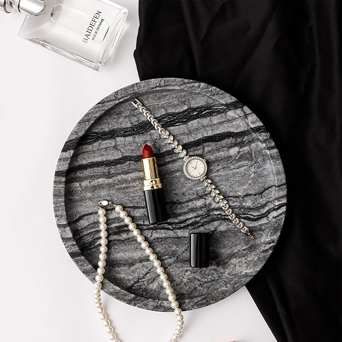 Natural Marble Vanity Tray for Bathroom Bedroom Kitchen Dresser, Round Decorative Trays for Jewelry, Perfume, Cosmetic, Candle, Countertop Storage Organizer for Home Decor Gray Black (WH017)