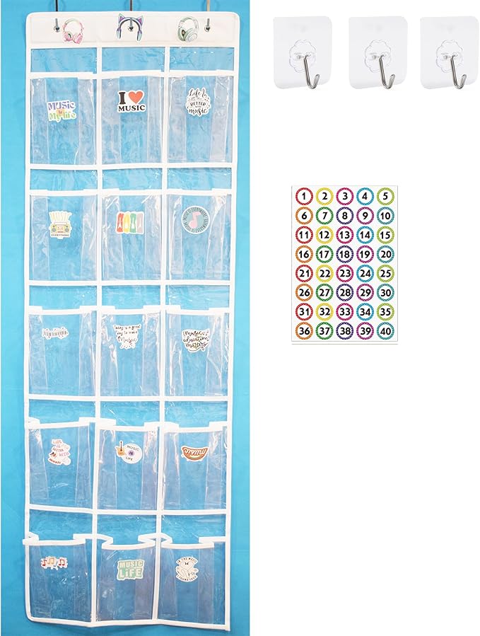 Headphone Storage Classroom, Over The Door Hanging Headphone Holder for Classroom with 15 PVC Clear Pocket Chart, Cell Phones Calculators Organizer