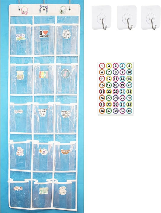 Headphone Storage Classroom, Over The Door Hanging Headphone Holder for Classroom with 15 PVC Clear Pocket Chart, Cell Phones Calculators Organizer