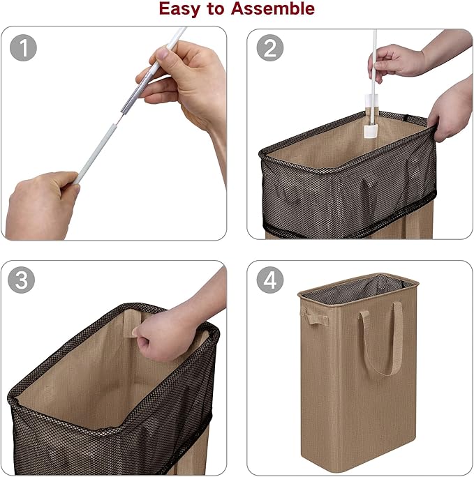 efluky Slim Laundry Basket, Narrow Laundry Hamper with Handles, Collapsible Dirty Clothes Hamper, Tall Laundry Bin for Laundry Room, Dorm and Bedroom, 12.7 Gallons(48L) Flax Brown