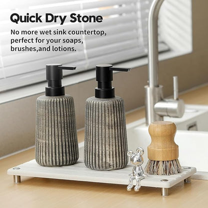 Razborci Instant Dry Sink Caddy Kitchen Sink Organizer, Quick Drying Stone Tray Diatomite Sponge Holder Soap Dish, Bathroom Countertop Fast Dry Water Absorbing Vanity Rack, Beige,12" x 5"