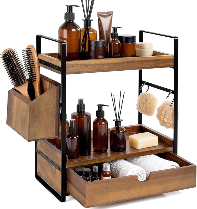 2-Tier Bathroom Counter Organizer with Drawer and Basket, Acacia Wood Countertop Organizer for Storage, Skincare Organizers for Vanity, Counter Shelf for Bathroom Organization(Acacia Wood-Dark Brown)