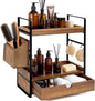 2-Tier Bathroom Counter Organizer with Drawer and Basket, Acacia Wood Countertop Organizer for Storage, Skincare Organizers for Vanity, Counter Shelf for Bathroom Organization(Acacia Wood-Dark Brown)