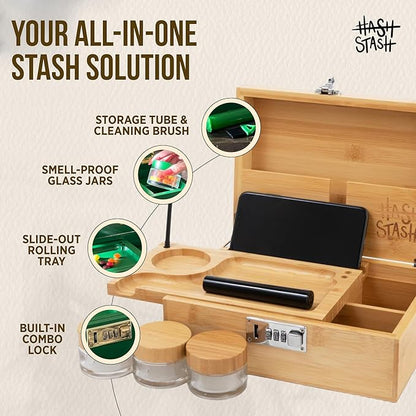 The OG Storage Box - Large Bamboo Box with Combination Lock, Magnetic Lid, Organizer Tray, Airtight Tube and 3 Smell-Proof Jars - Discreet Decorative Locking Wooden Box with Accessories (Wood/Silver)