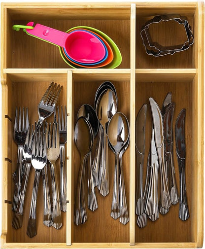 Frcctre Bamboo Utensil Caddy Organizer, 8 Compartments Large Paper Plate Holder, Adjustable Utensil Holder Silverware Cutlery Organizer for Plate Cup Fork Spoon Napkin, 16" L x 13" W x 5.5" H