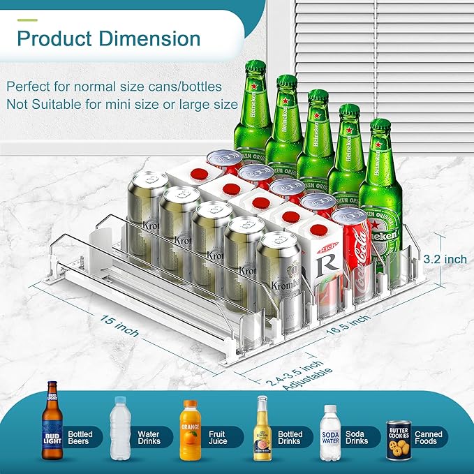 Upgraded Drink Organizer for Fridge, Space-Saving Fridge Drink Organizer, Automatic Pusher Glide and Adjustable Width Drink Dispenser for Fridge - Holds Up to 25 Cans (5 Rows White)