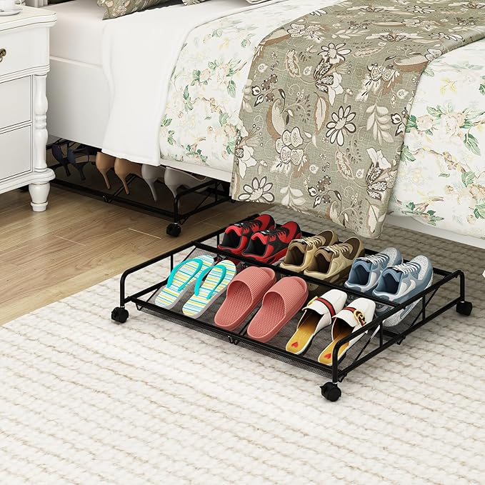 Under Bed Shoe Storage Organizer, 2 Pack Metal Mesh Under Bed Storage Containers with Wheels, Shoe Organizer Drawer Space Saving for Bedroom