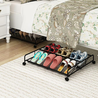 Under Bed Shoe Storage Organizer, 2 Pack Metal Mesh Under Bed Storage Containers with Wheels, Shoe Organizer Drawer Space Saving for Bedroom