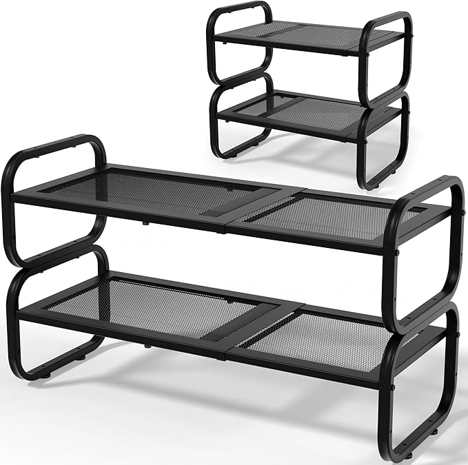 2 Tier Shoe Rack - Expandable Shoe Organizer for Closet, Adjustable Metal Shoe Shelf Storage, Stackable Long Shoe Stand Holder for Garage, Entryway, Door Entrance