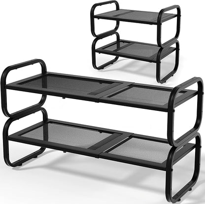 2 Tier Shoe Rack - Expandable Shoe Organizer for Closet, Adjustable Metal Shoe Shelf Storage, Stackable Long Shoe Stand Holder for Garage, Entryway, Door Entrance