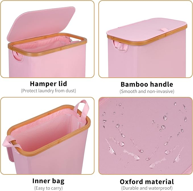 iEGrow 65L Slim Laundry Hamper, Narrow Laundry Basket with Lid,Foldable Clothes Hamper with Bamboo Handles,Hamper Basket with Removable Inner Bag for Laundry Room Bedroom College Dorm,17.17 Gals Pink