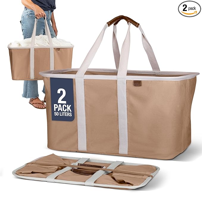 CleverMade Collapsible Laundry Tote 2-Pack (50L) – Foldable Carry-All Storage Bin for Laundry, Car Trunk, RV, Dorm & Home Organization – LUXE Cotton Blend with Vegan Leather Accents, Mocha