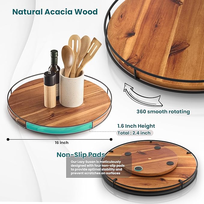TIDITA 16" Acacia Wood Lazy Susan Turntable with Metal Frame - Large Lazy Susans Organizer Countertop Storage - Wooden Serving Tray for Charcuterie Cheese Board - Kitchen Counter Rotating