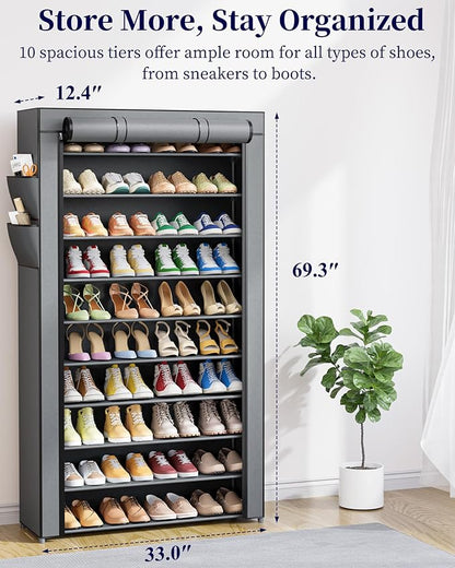 Kitsure Shoe Rack - 10-Tier Shoe Organizer with Zippered Dust Cover & Side Pockets, Easy to Assemble, Space Saving Shoe Rack for Closet, Entryway, Living Room, 33" x 12.4" x 69.3", Grey
