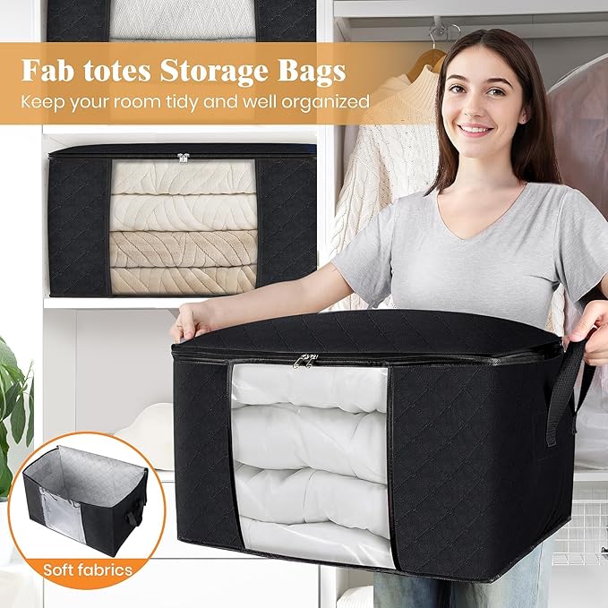 Fab totes Storage Bags,Clothes Blanket Storage Bins Foldable Closet Organizers with Reinforced Handle for Home Dorm Storage and Organization,Fabric Bags for Organizing Sheets,Clothing (Black,4 Pack)