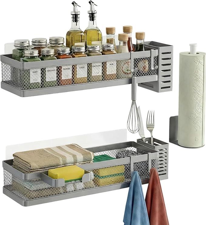 PUSDON 5-in-1 16.5" Extra Long Slim Wall Mount Wrapped Mesh Kitchen Organizer & Shower Caddy Kit, with Paper Towel Holder, Utensil Holder, Soap Dish, Holds 50LBS - Silver Gray, Netting