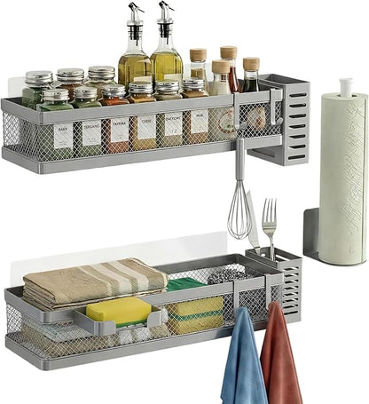 PUSDON 5-in-1 16.5" Extra Long Slim Wall Mount Wrapped Mesh Kitchen Organizer & Shower Caddy Kit, with Paper Towel Holder, Utensil Holder, Soap Dish, Holds 50LBS - Silver Gray, Netting