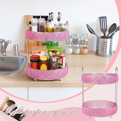 Honeydak 360 Rotating Perfume Organizer for Mother Day Nurse Day Rhinestone Bathroom Counter Organizer Makeup Holder Skincare and Perfume Storage for Cosmetic Countertop(2 Tiers,Pearl,Pink)