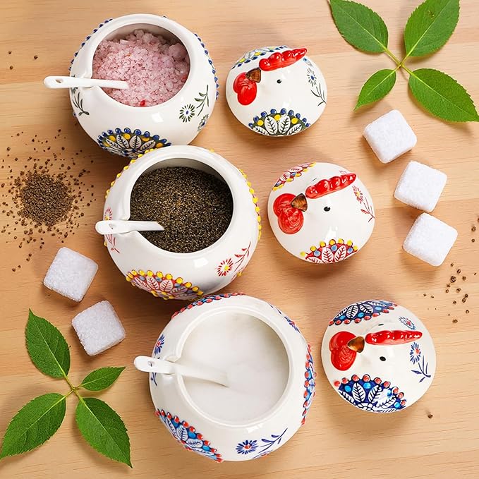 Dicunoy 3 Pack Ceramic Salt Sugar Containers, Large 13 OZ Chicken Salt Cellars with Lids and Spoons, Farmhouse Style Sturdy Condiment Jars for Serving, Home, Kitchen Countertop