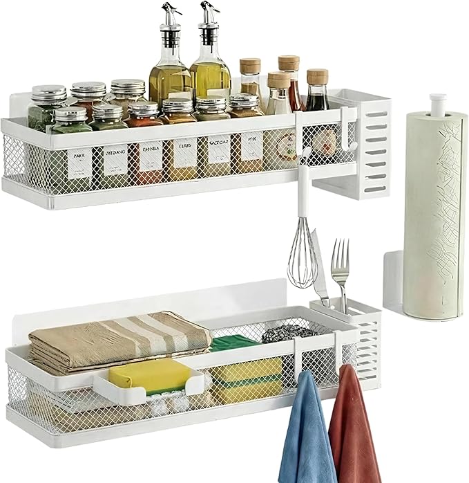 PUSDON 5-in-1 16.5" Extra Long Slim Wall Mount Wrapped Mesh Kitchen Organizer & Shower Caddy Kit, with Paper Towel Holder, Utensil Holder, Soap Dish, Holds 50LBS - White, Netting