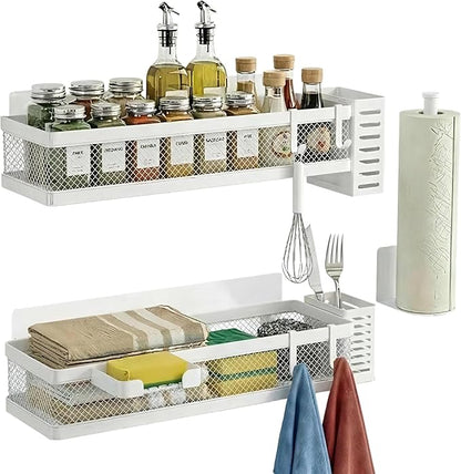 PUSDON 5-in-1 16.5" Extra Long Slim Wall Mount Wrapped Mesh Kitchen Organizer & Shower Caddy Kit, with Paper Towel Holder, Utensil Holder, Soap Dish, Holds 50LBS - White, Netting