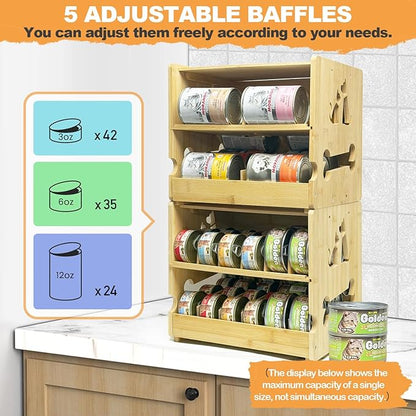 Cat Food Organizer, Bamboo Can Organizer for Pantry,2 Tier Stackable Pet Food Can Organizer for Kitchen Pantry, Can Rack Organizer for Human and Pet Food Cans, FIFO Design