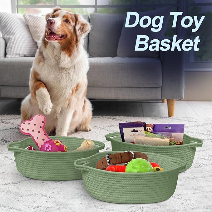 MEGASKET Green Woven Basket, 13" x 9" x 5" Baskets for Gifts Empty, Cute Cotton Rope Cat Dog Toy Bin Box, Small Woven Bin for Organizing, Green Room Decor, Nursery Baby Cloth Diaper Storage Organizer
