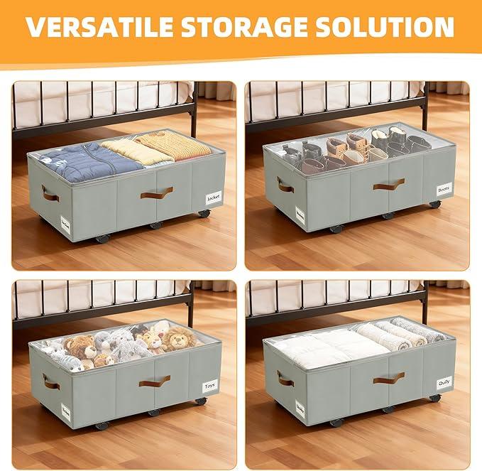 Under Bed Storage with Wheels,Underbed Storage with Sturdy Sidewalls/Bottom, Clear Cover, Label and PU Handle, Rolling Under Bed Drawers for Clothes, Shoes, 11 Inch Height,Grey, 2 Pack