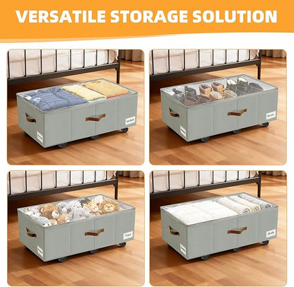 Under Bed Storage with Wheels,Underbed Storage with Sturdy Sidewalls/Bottom, Clear Cover, Label and PU Handle, Rolling Under Bed Drawers for Clothes, Shoes, 11 Inch Height,Grey, 2 Pack