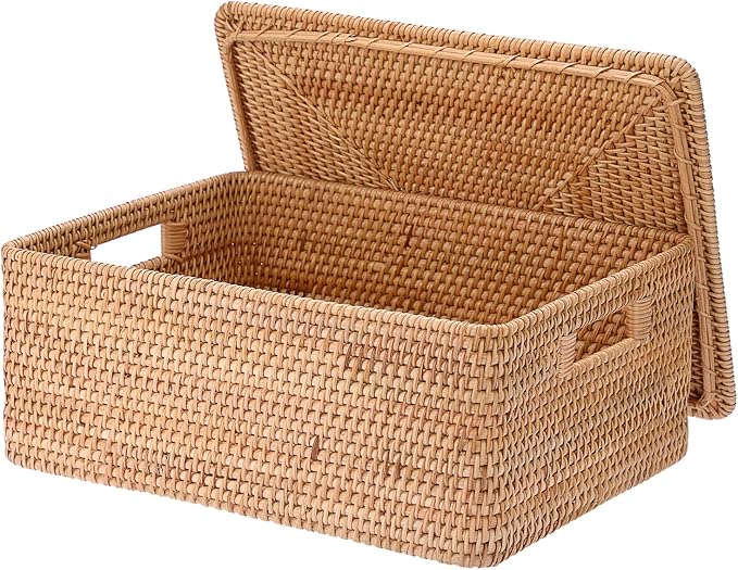 Hipiwe Handwoven Rattan Basket with Lid Decorative Shelf Basket Bin with Handle Rectangular Wicker Storage Box for Home Organizing, 17" x 13" x 6.7"