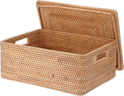 Hipiwe Handwoven Rattan Basket with Lid Decorative Shelf Basket Bin with Handle Rectangular Wicker Storage Box for Home Organizing, 17" x 13" x 6.7"