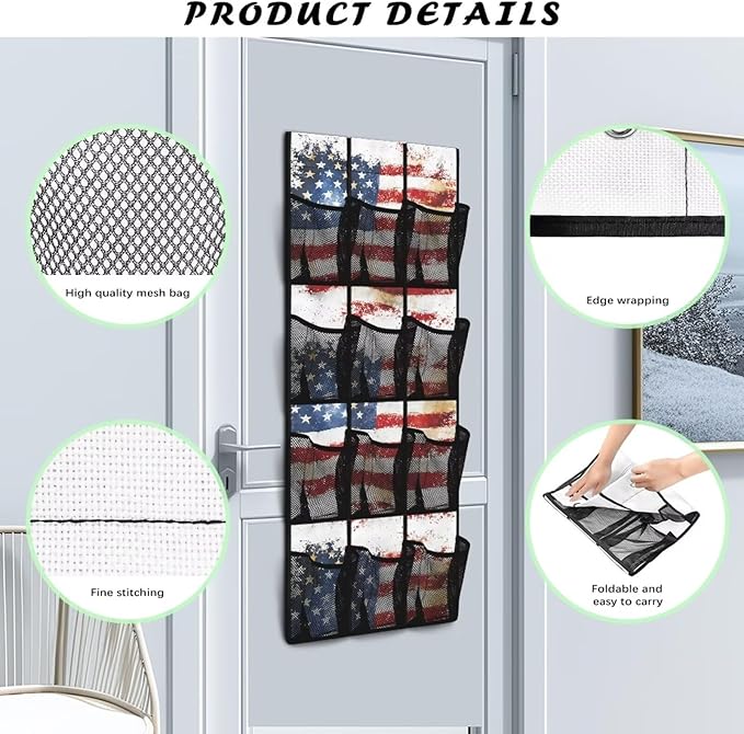 American Flag Over The Door Shoe Organizers with 12 Mesh Pockets Baby Organizer Storage Hanging Shoe Organizer Shoe Holder Rack for Toddler Girl Room Baby Room Craft Room Bedroom