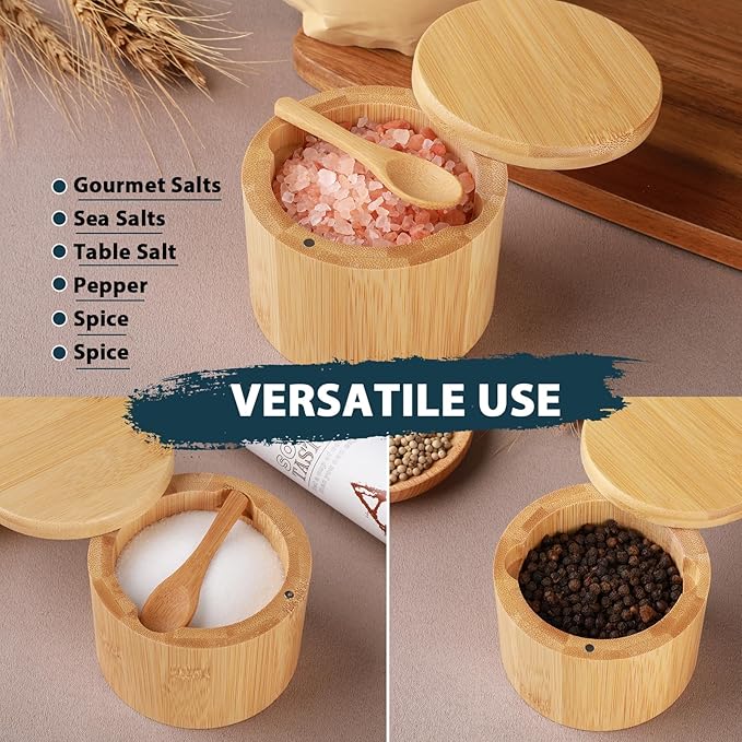 Timtopno Bamboo Salt Cellar, 2 PCS Salt Container with Built-in Spoon, Salt Box Bowl with Magnetic Swivel Lid, Elegant Kitchen Salt Holder Saver Jar to Storage Pepper Spice Sea Salt for Countertop