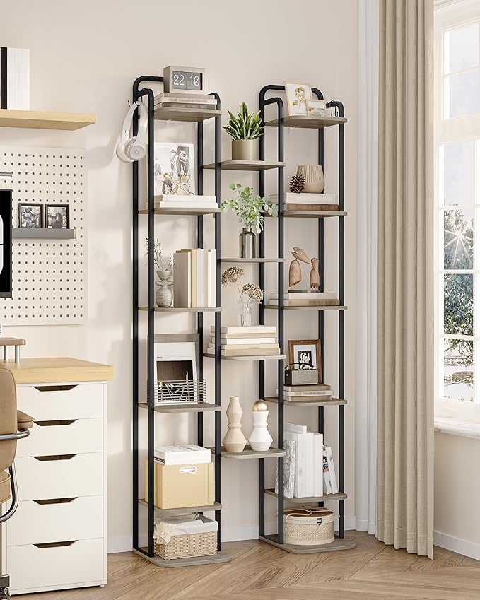 Hzuaneri 10 Tiers Vertical Shoe Rack, Narrow Shoe Tower, Tall Shoes Shelf with 2 Hooks, Adjustable Shelves, Corner Shoes Shelves for Small Spaces, Entryway, Living Room, Greige SR11205B