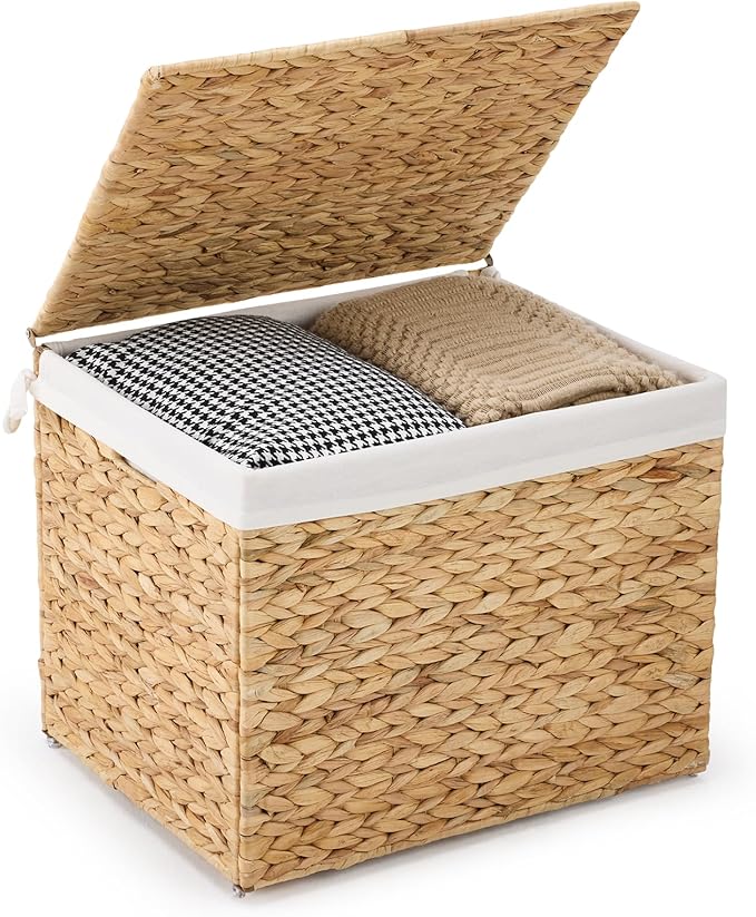 Water Hyacinth Storage Basket with Lid, 21.1 Gallon (80L) Wicker Shelf Basket with Removable Liner, Wicker Storage Basket for Blanket, for Livingroom, Bedroom, Natural