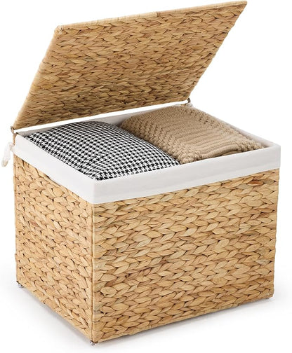 Water Hyacinth Storage Basket with Lid, 21.1 Gallon (80L) Wicker Shelf Basket with Removable Liner, Wicker Storage Basket for Blanket, for Livingroom, Bedroom, Natural