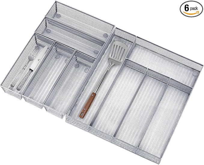 Neudeco Drawer Organizer Set 6 Pack - 5-Compartment Silverware Organizer Tray + 5 Utensil Trays, Kitchen Drawer Organizer for Flatware, Cutlery, Office Supplies, Silver Mesh, Non-Slip