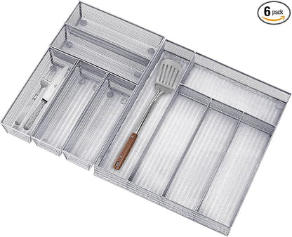 Neudeco Drawer Organizer Set 6 Pack - 5-Compartment Silverware Organizer Tray + 5 Utensil Trays, Kitchen Drawer Organizer for Flatware, Cutlery, Office Supplies, Silver Mesh, Non-Slip