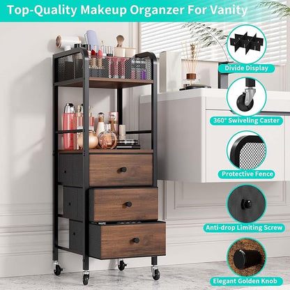 HapiRm Rolling Makeup Cart Organizer - Floor Skincare Make Up Storage with 3 Non-woven Fabric Drawers, Vanity Organizer Cosmetic Display Cases Holder for Skin Care Perfume Nail Polish Brush Hair Tool