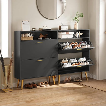 Shoe Cabinet Storage for Entryway, White Shoe Organizer with 2 Flip Drawers & Open Shelf, Freestanding Hidden Large Shoe Storage Cabinet (1pc-Black, 2 Flip Drawers with Shelf)