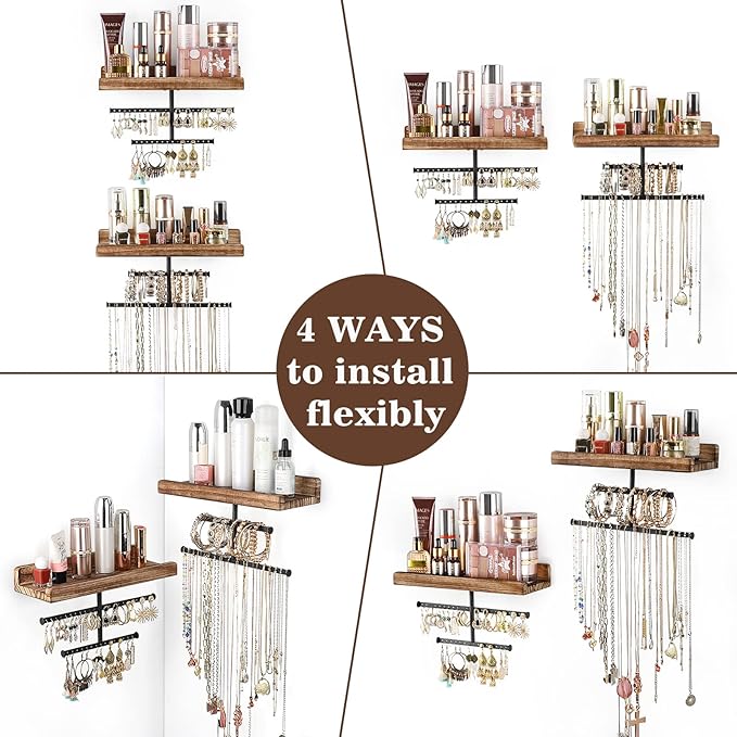 Keebofly Hanging Wall Mounted Jewelry Organizer with Rustic Wood Jewelry Holder Display for Necklaces Bracelet Earrings Ring Set of 2 Carbonized Black,[Patented]