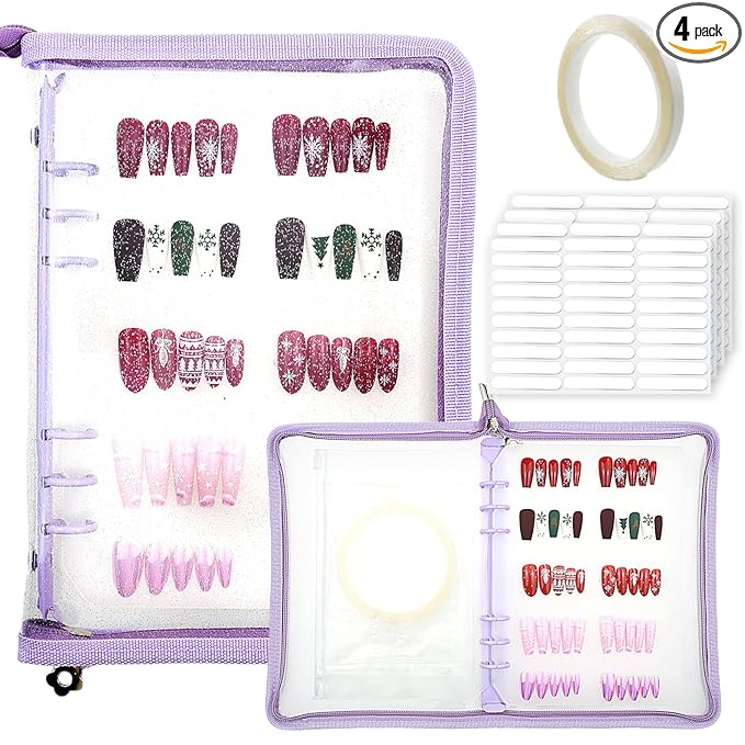 Press On Nail Storage Organizer with 4 Insert Pages - A5 Size Portable False Nail Storage Box for Collecting and Organizing Tips with Tape and Zipper Pocket (Purple)