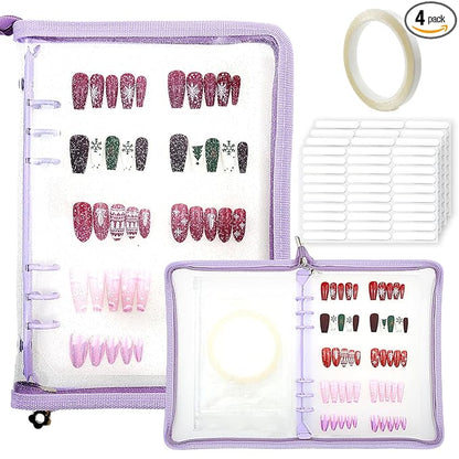 Press On Nail Storage Organizer with 4 Insert Pages - A5 Size Portable False Nail Storage Box for Collecting and Organizing Tips with Tape and Zipper Pocket (Purple)