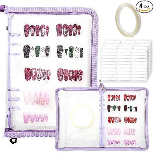 Press On Nail Storage Organizer with 4 Insert Pages - A5 Size Portable False Nail Storage Box for Collecting and Organizing Tips with Tape and Zipper Pocket (Purple)