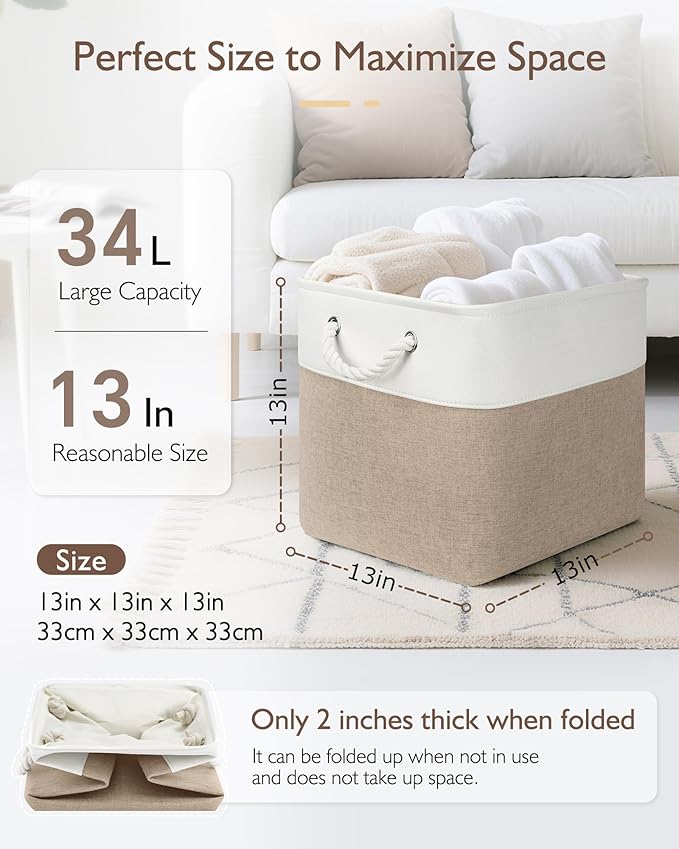 Patvingot 13x13x13 Cube Storage Bins,4 Pack Large Foldable Fabric Storage Cubes with Handles for Organizing Home, Closet, Shelf, Office(White&Khaki)