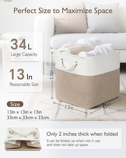 Patvingot 13x13x13 Cube Storage Bins,4 Pack Large Foldable Fabric Storage Cubes with Handles for Organizing Home, Closet, Shelf, Office(White&Khaki)